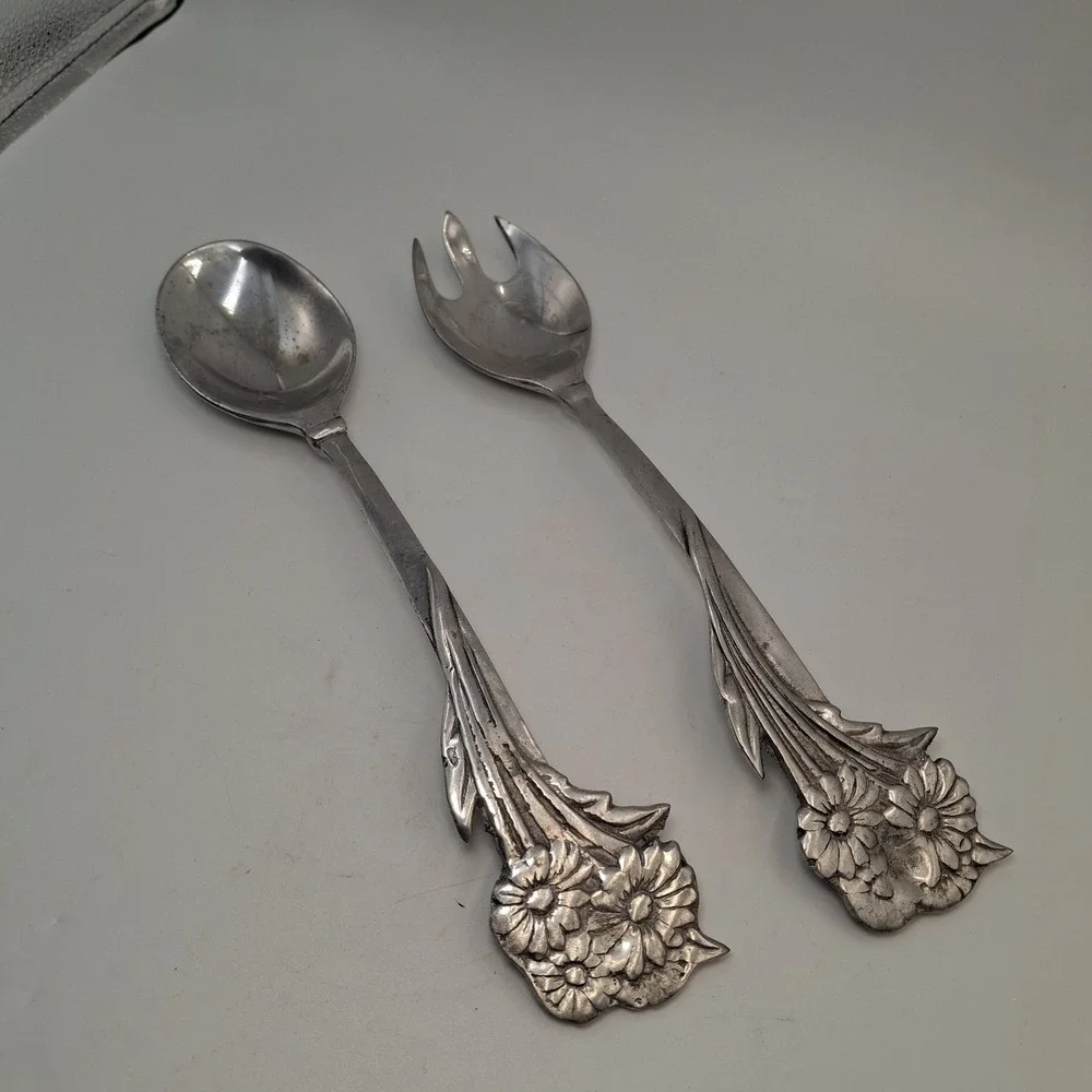 Vintage Mexican Pewter Salad Servers Set Daisy Floral Cast Aluminum Hecho Mexico